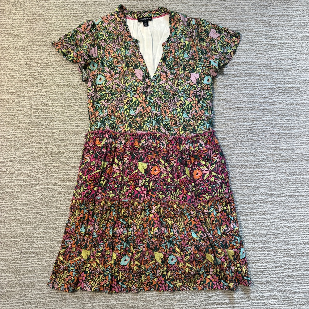 Tribal Femme Multicolor Colorful Patterned V-Neck Dress Tiered Flutter Sleeves S